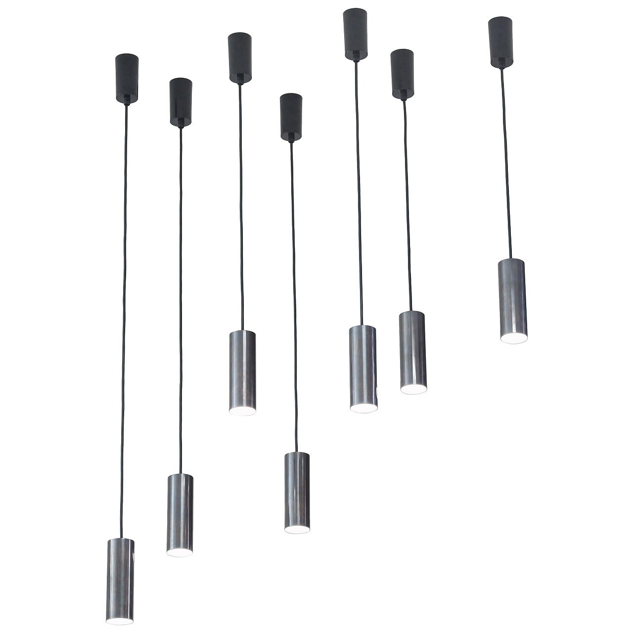 Set of Seven Minimalist Pendant Lamps with Gunmetal Finish, 1960s For Sale
