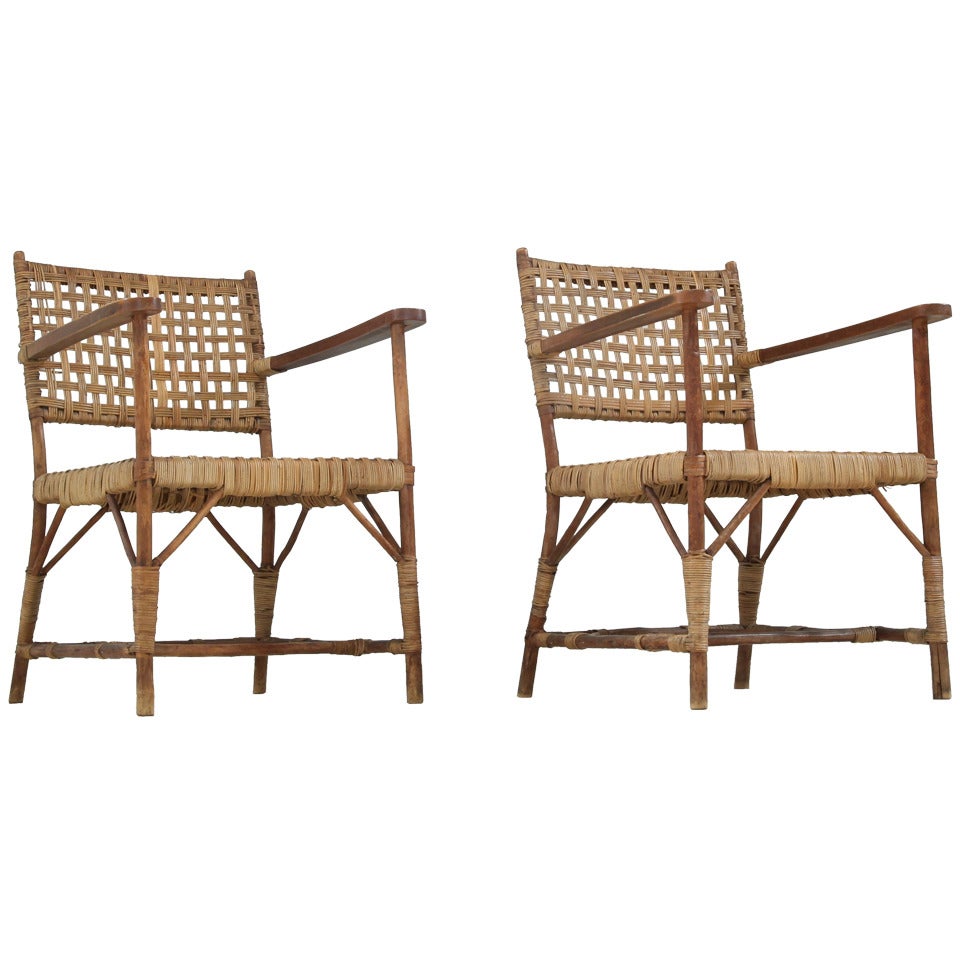 Pair Late 1940s Arts and Crafts Willow Wood Chairs