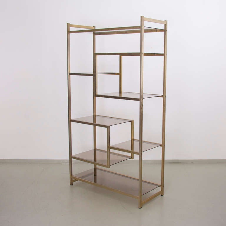 Maison Jansen style Shelf Unit in Brass and smoked glass