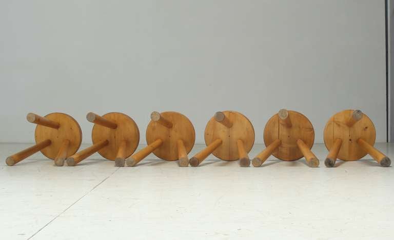 French Set Of 6 Charlotte Perriand Les Arcs Stools In Pine