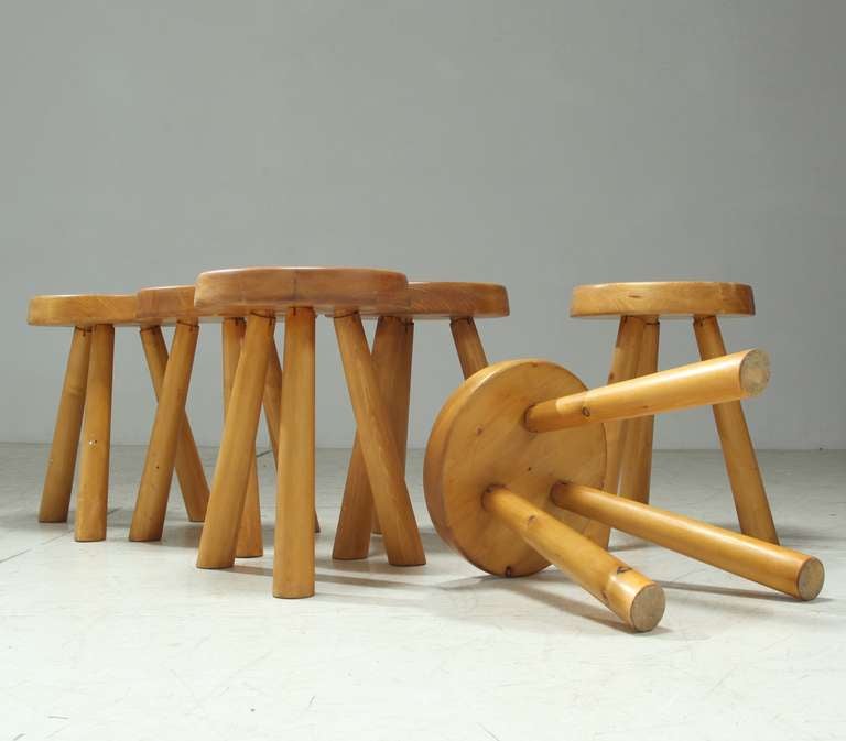 Mid-Century Modern Set Of 6 Charlotte Perriand Les Arcs Stools In Pine