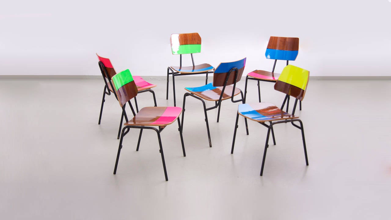 Outstanding set of six stacking chairs by German artist Markus Friedrich Staab in different colors with a thick clear coat lacquer on top. Signed!!