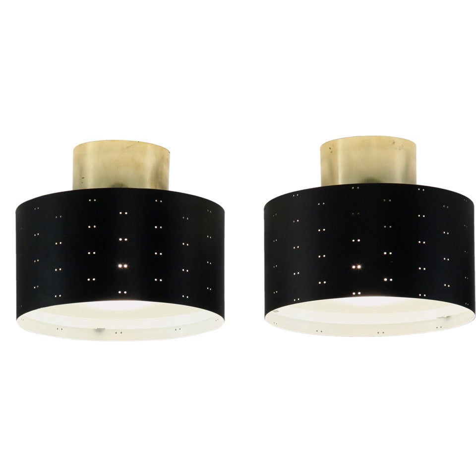 Pair round Paavo Tynell model 9069 black and brass flushmounts