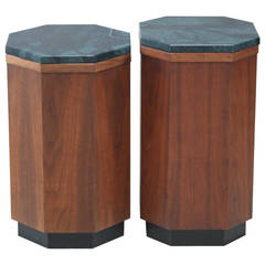 Pair Harvey Probber Console or Side Drum Tables with Marble Top, USA, 1950s