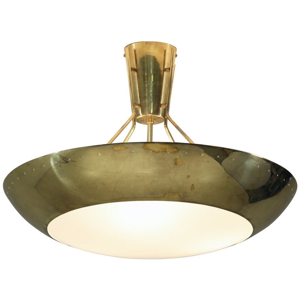 Extra Large Finnish Brass with White Plexiglass Flush Mount, 1950s For Sale
