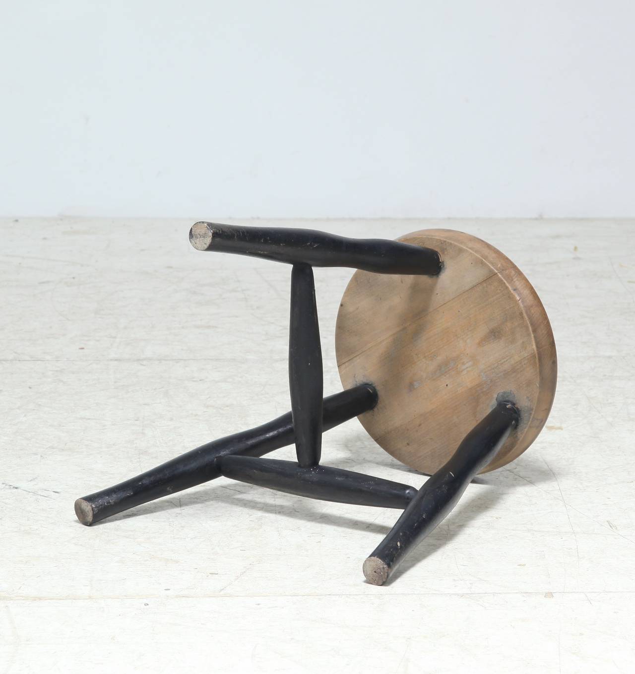 Mid-Century Modern Tribase Stool with Thick Wooden Seat For Sale
