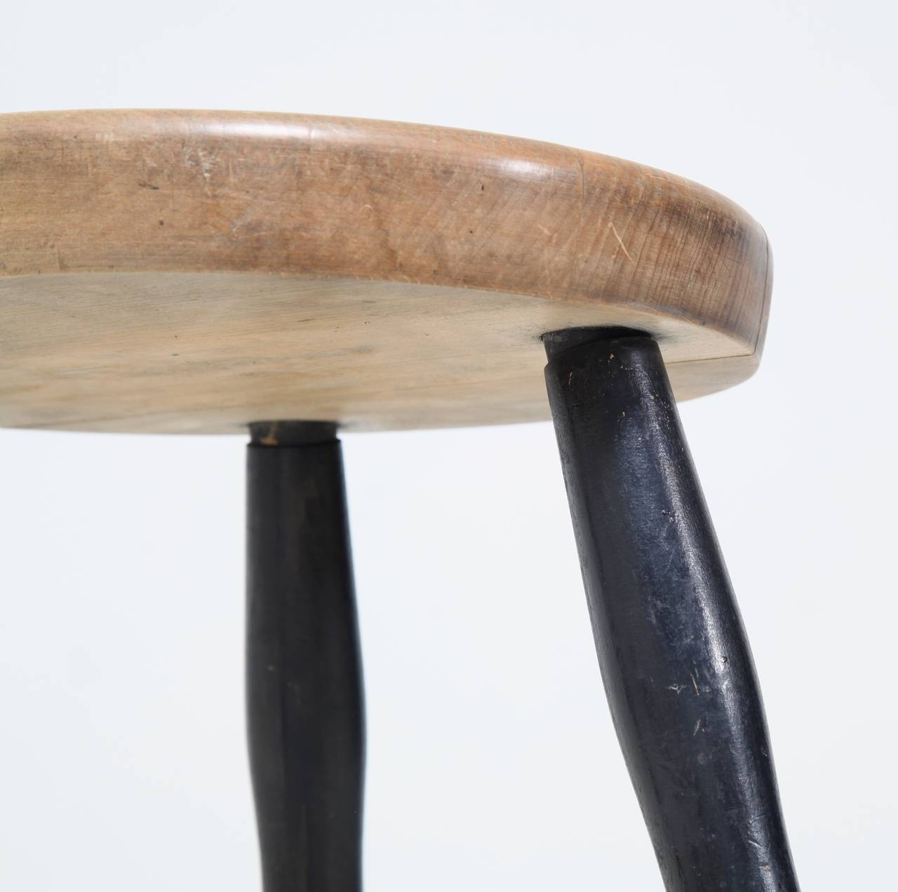 European Tribase Stool with Thick Wooden Seat For Sale