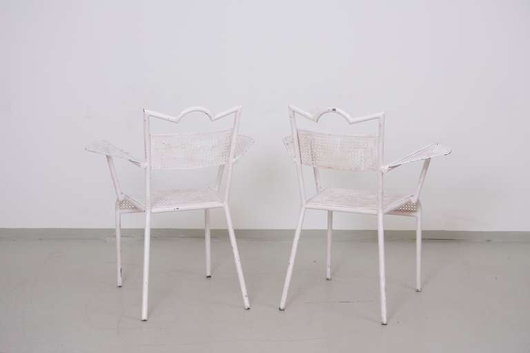 French Pair Of Mathieu Mategot Patio Arm Chairs In White