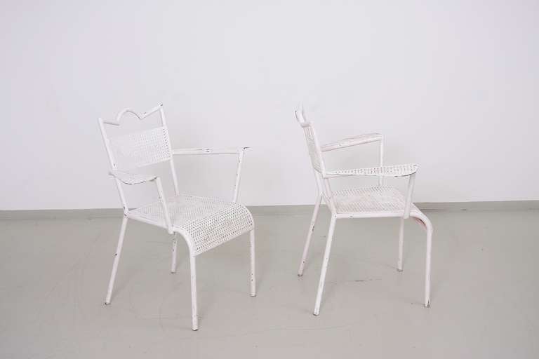 Mid-Century Modern Pair Of Mathieu Mategot Patio Arm Chairs In White