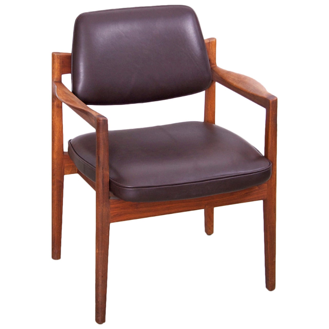 Jens Risom Armchair in Walnut and Leather by Jens Risom Inc. For Sale