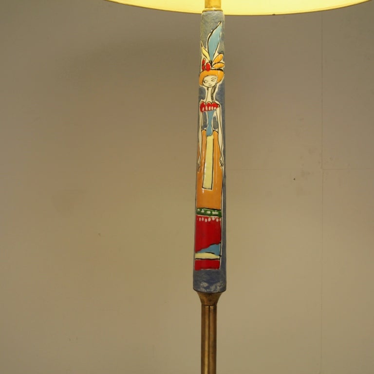 Mid-Century Modern Italian Floorlamp with Ceramic Base Figurines. Manner of Fornasettie, 1950s