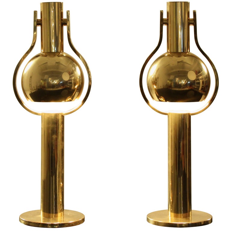 Pair Brass Console Lamps with 180 Degree Rotating Shade