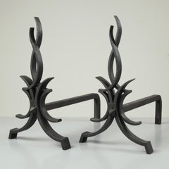 Raymond Sube pair of cast iron modernist, sculptural andirons, France, 1940s