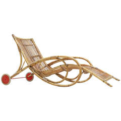 Large Rattan And Bamboo Lounge Chair On Wheels