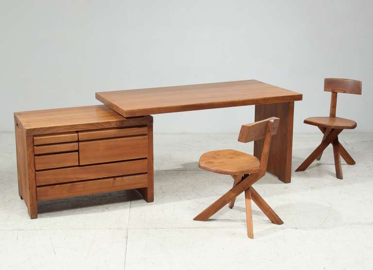 Mid-Century Modern Pierre Chapo B19 Desk and Two Matching S34 Chairs, France, ca. 1970 For Sale