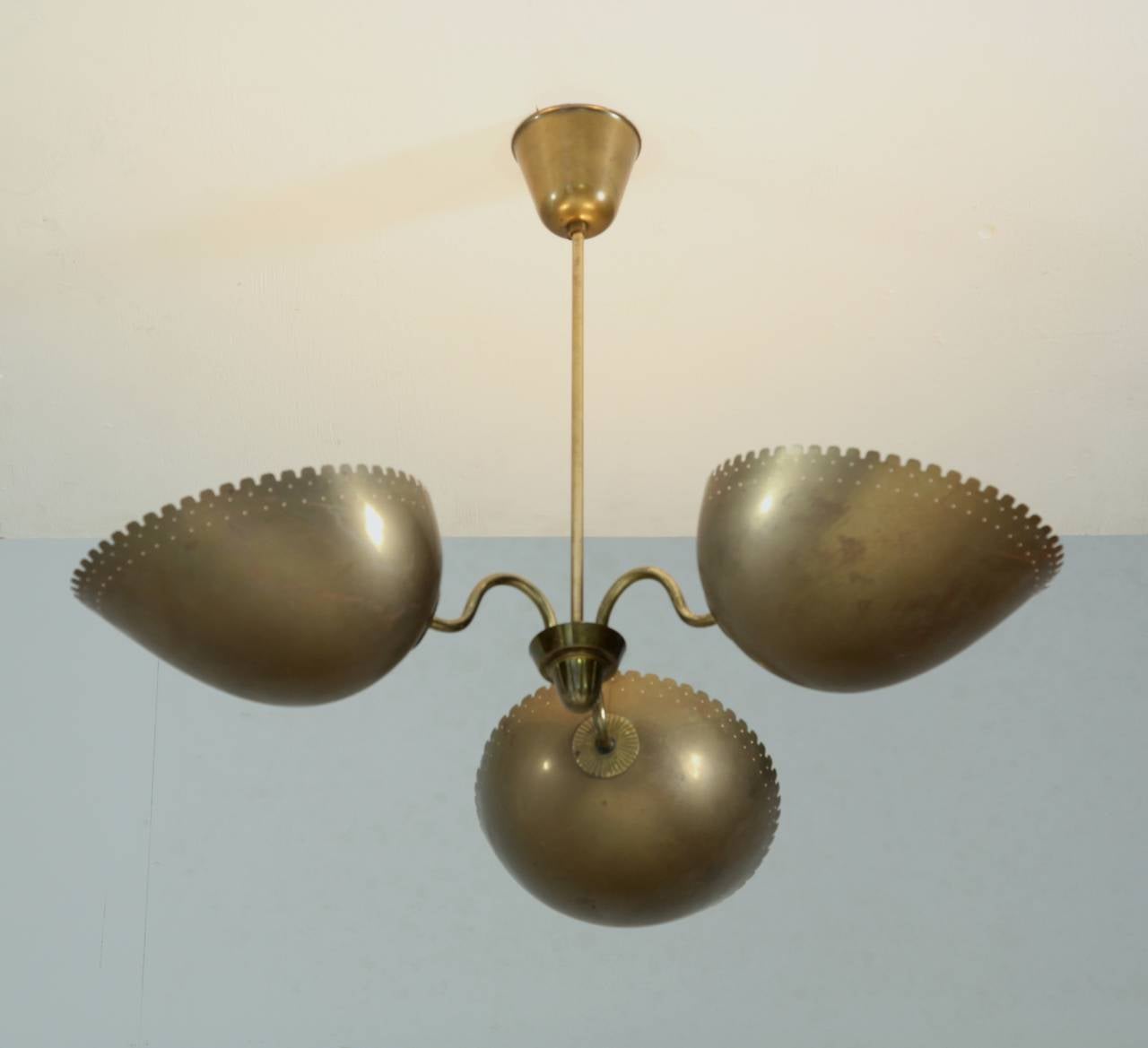 Swedish Bertil Brisborg Brass Uplighting Pendant with Three Shades, Bohlmarks, Sweden For Sale