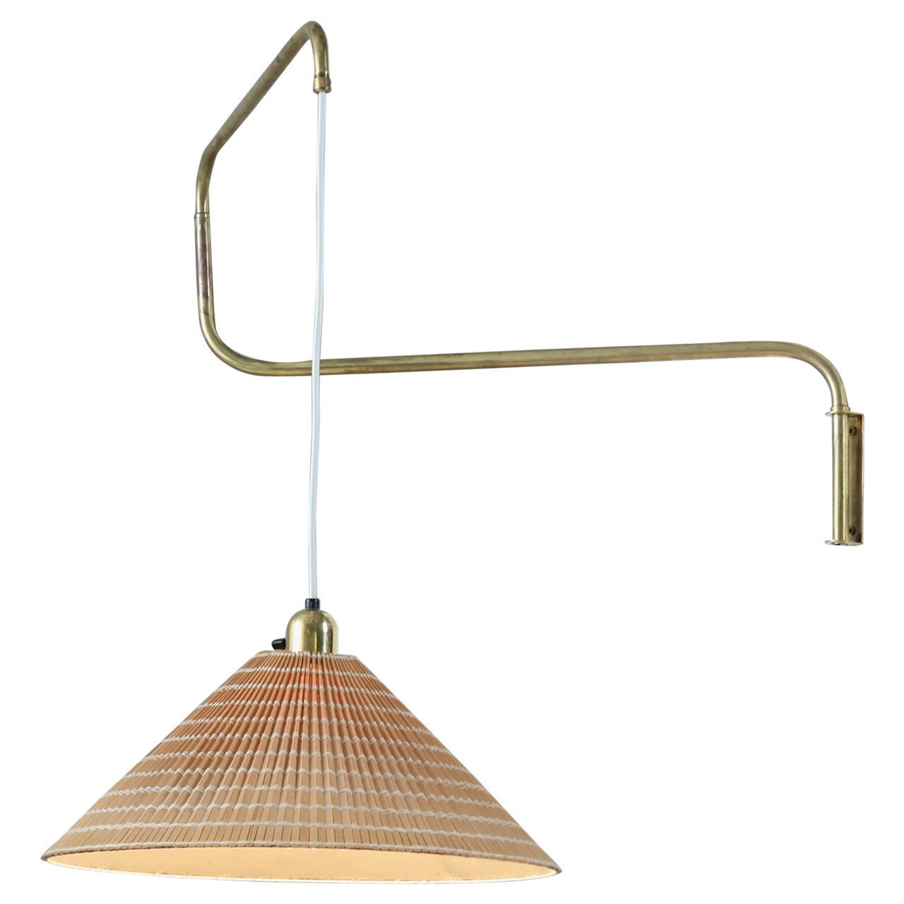 Paavo Tynell Wall Lamp. Brass Swing Arm and Wooden Shade, Idman, Finland, 1950s For Sale
