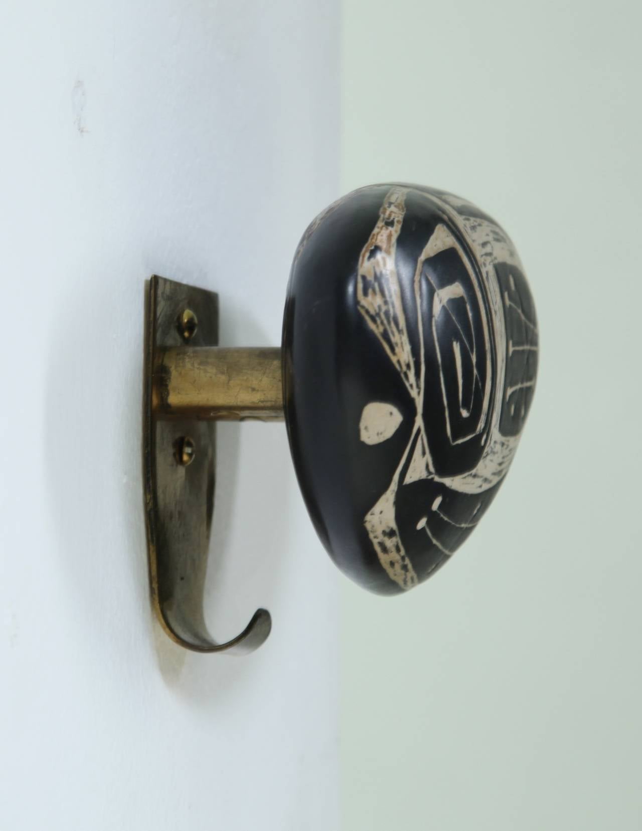 Pair of Victor Cerrato  Hooks, Decorated Wood with Brass Wall Mount