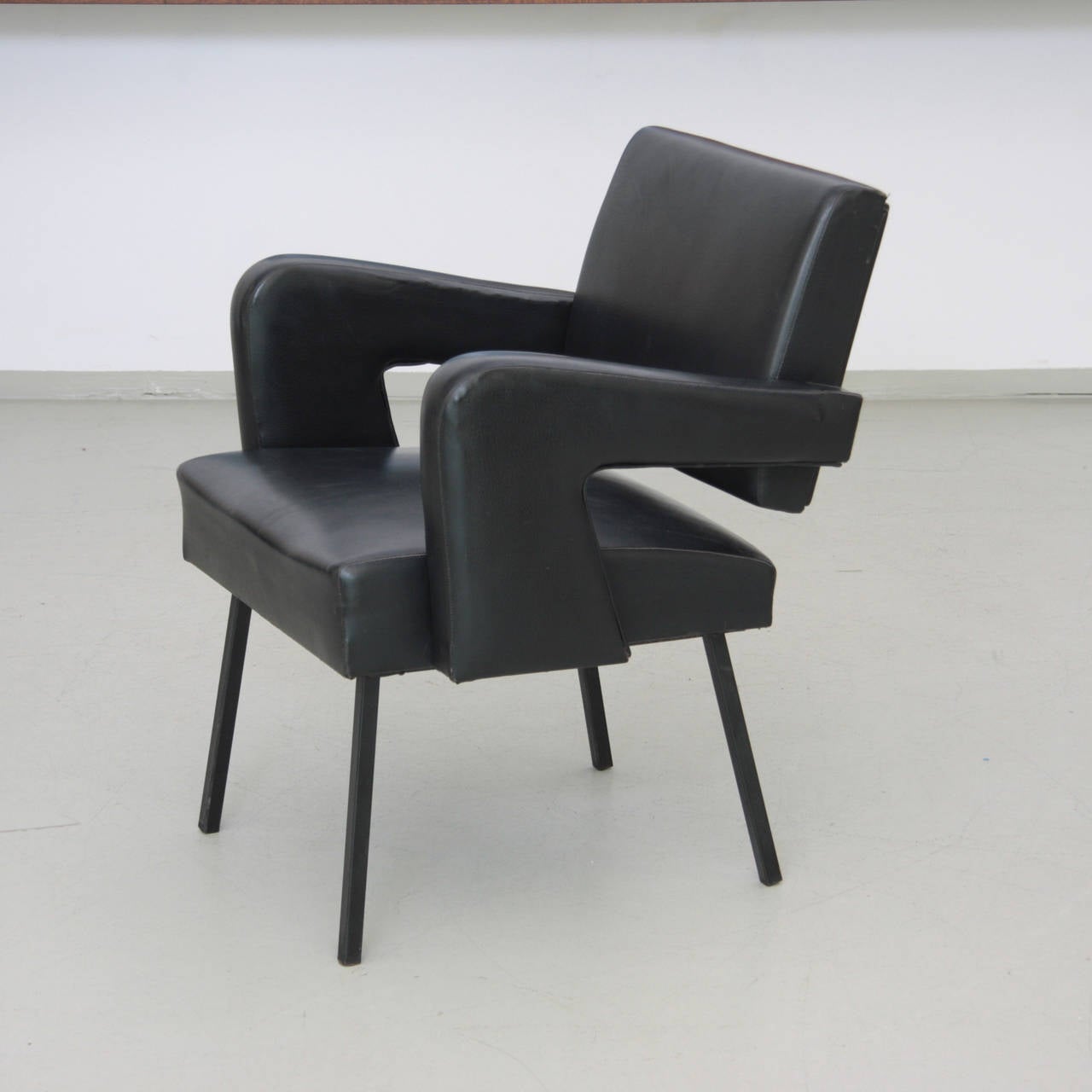 French Jacques Adnet Armchair in Black Vinyl Original Condition For Sale