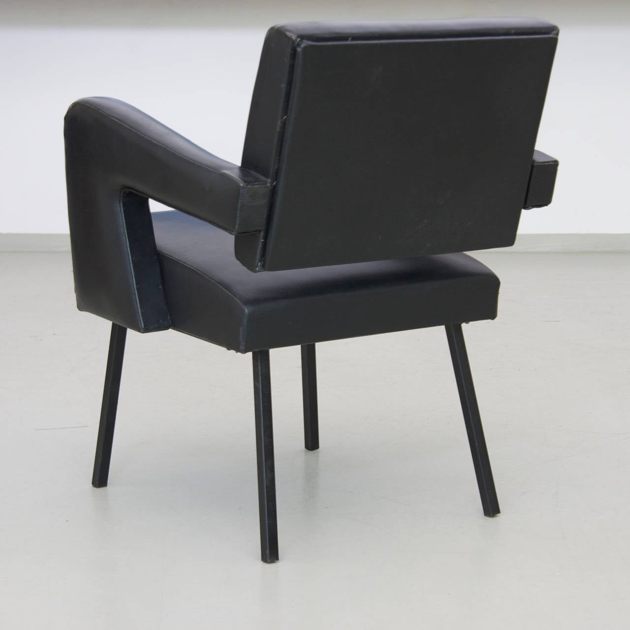 Mid-Century Modern Jacques Adnet Armchair in Black Vinyl Original Condition For Sale