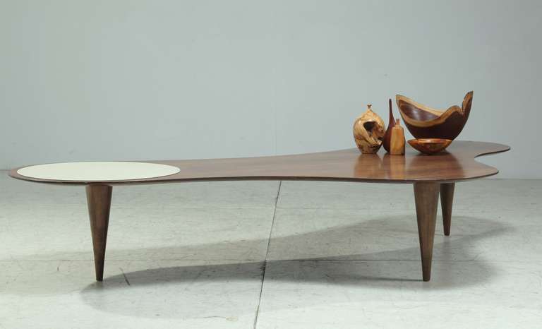 Mid-Century Modern Large Freeform Coffee Table in Walnut with White Fomica Circular Accent