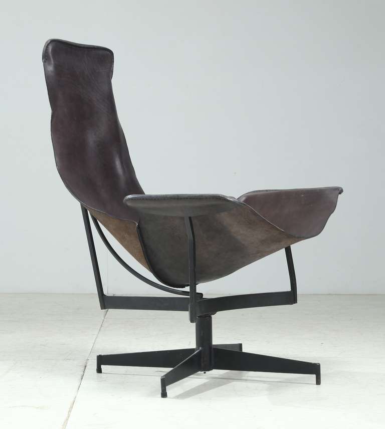Black leather sling chair by Leathercrafter New York 1969.
