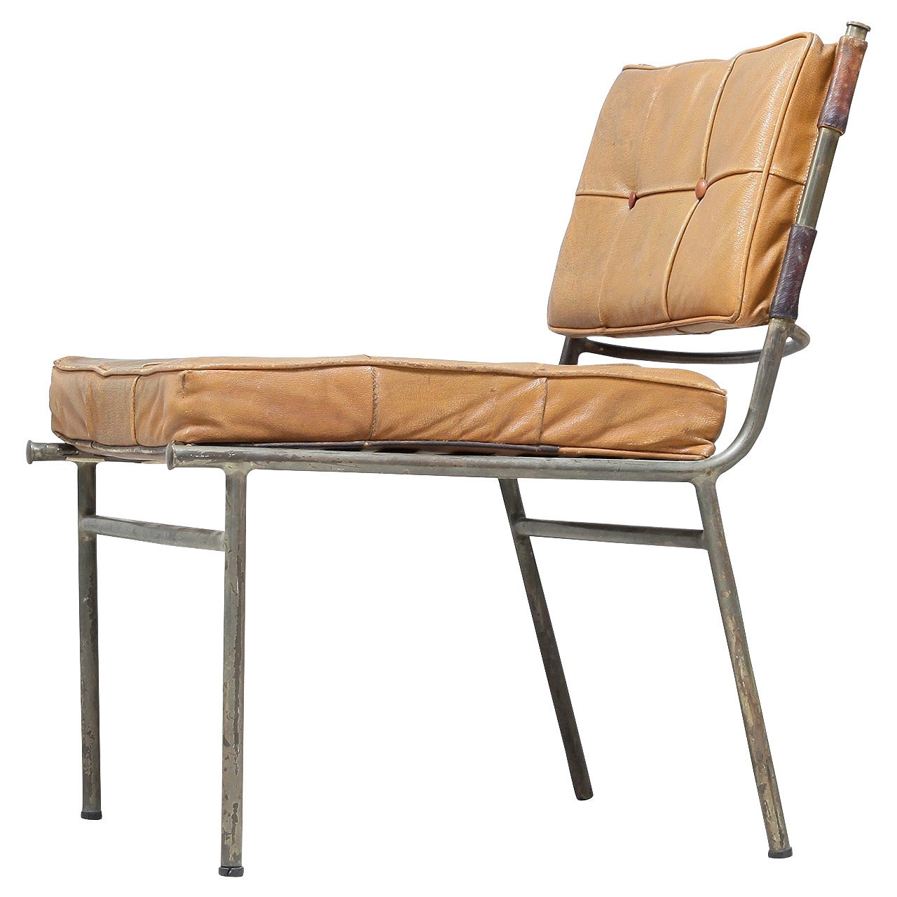 Rare Mathieu Matégot Chair with Brass Frame and Leather Seat and Back For Sale