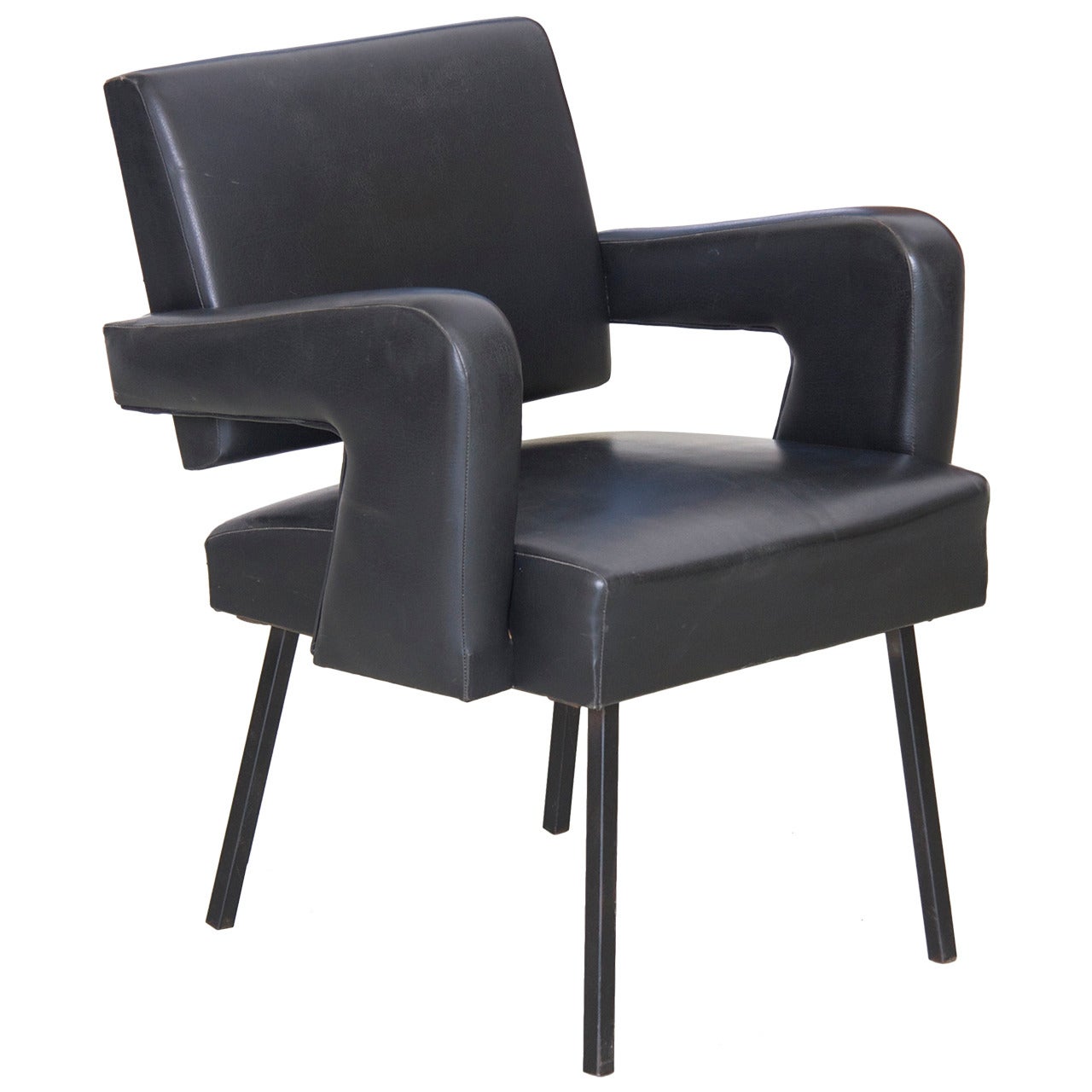 Jacques Adnet Armchair in Black Vinyl Original Condition For Sale