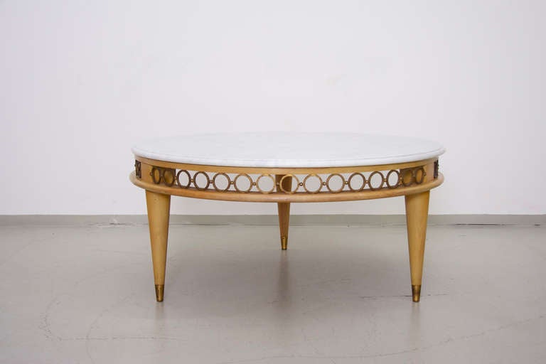 Rare Royere brass and wood coffee table with marble top