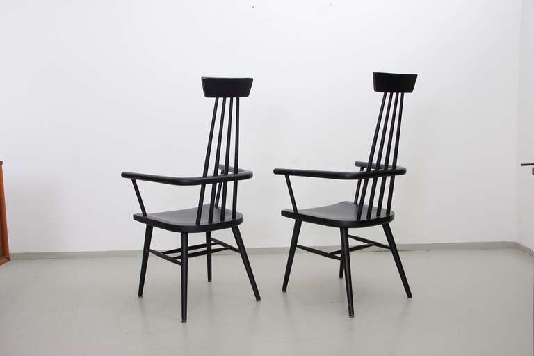 Mid-Century Modern Pair of Paul McCobb High Back Windsor Chairs in Black