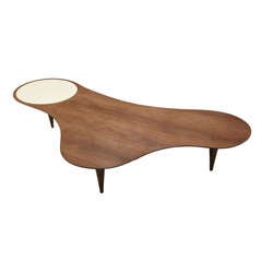 Large Freeform Coffee Table in Walnut with White Fomica Circular Accent