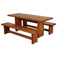 1960s Pierre Chapo Dining Table With Matching Benches