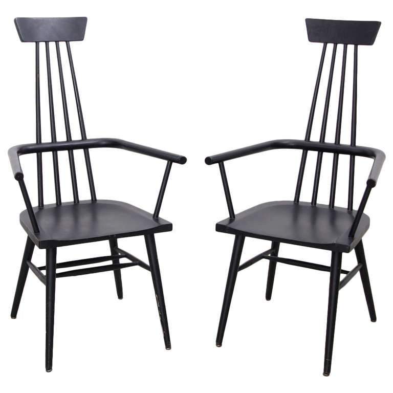 Pair of Paul McCobb High Back Windsor Chairs in Black