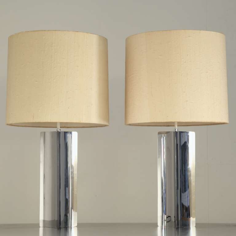 Mid-Century Modern Pair XL 1960s table/console lamps with folded chrome base and fabric hood For Sale