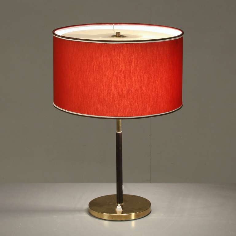 Mid-Century Modern Pair 1950s Kalmar Table Lamps With Leather Covered Stem And Red Shade, Austria For Sale