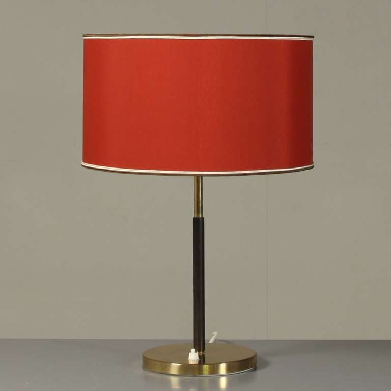 Austrian Pair 1950s Kalmar Table Lamps With Leather Covered Stem And Red Shade, Austria For Sale