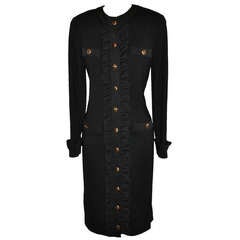 Adolfo Black Wool Jersey Dress with Ruffled Silk Ribbon Accents