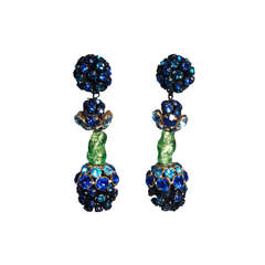 Vintage 1960s CastleCliff Rhinestone and Murano Glass Bead Dangle Clip Earrings