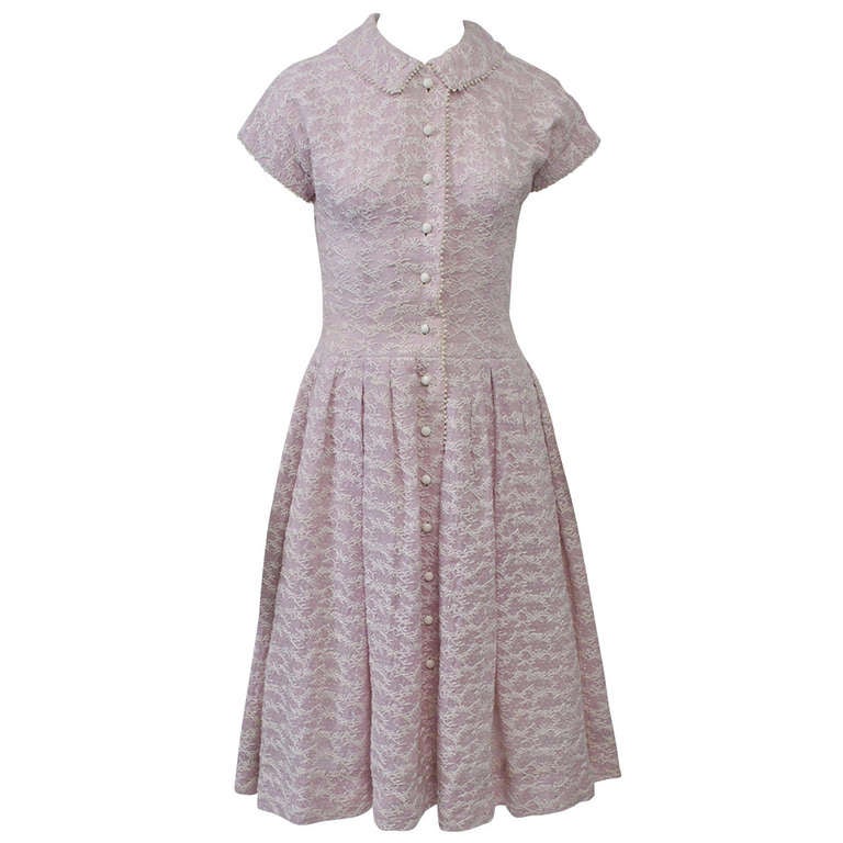 Embroidered Lavender 1950s Summer Dress For Sale