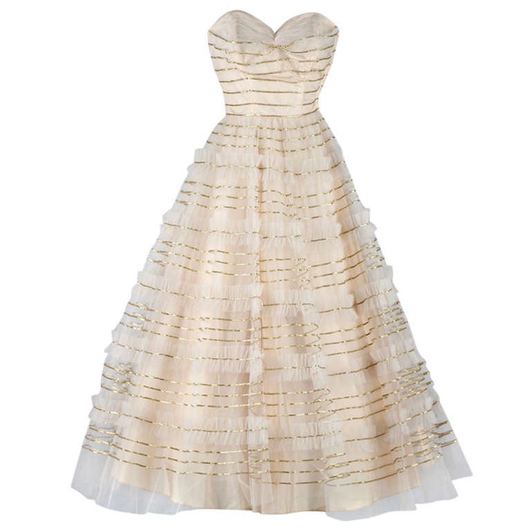 Vintage 1950's Tulle and Metallic Strapless Dress