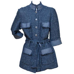 Chanel Tweed Jacket Blazer With Denim Trim