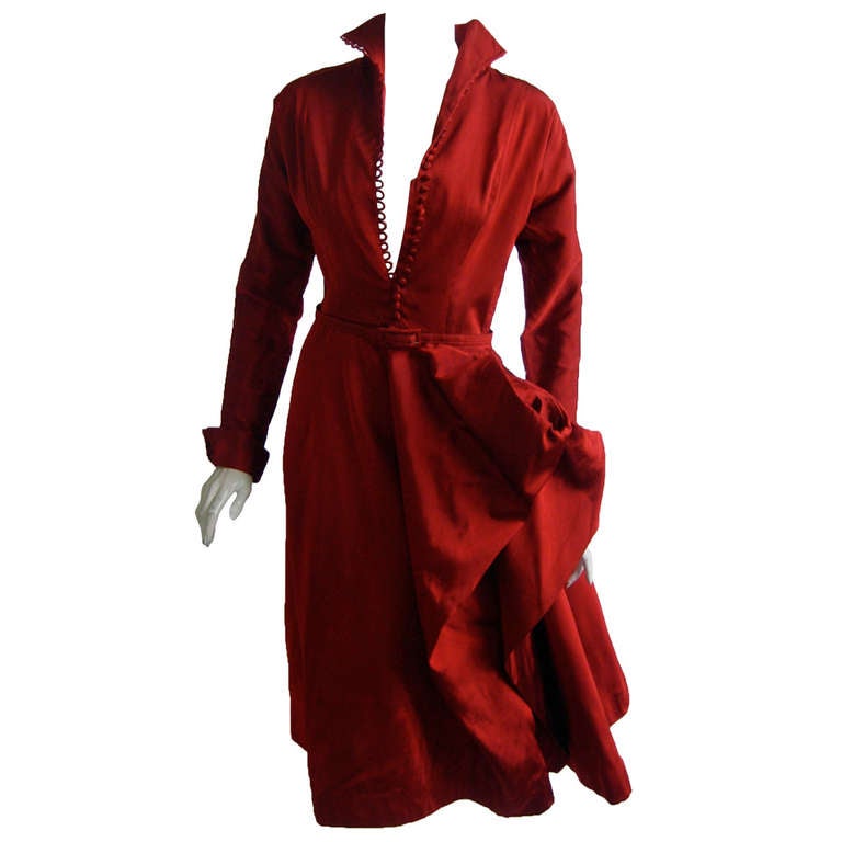 1950s Ceil Chapman Red Silk Sharkskin Sculptural Cocktail Dress