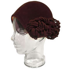 1960s Adolfo II Brown Felt "Cloche" Style Hat w/ Side Pom Pom