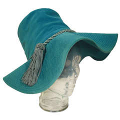1960s Mod Aqua Blue Velveteen Hat w/ Large Stitched Brim and Tassel