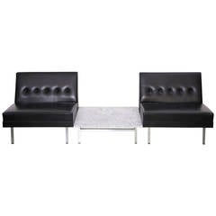 Pair of George Nelson Modular Seating in Black Leather and Marble Table