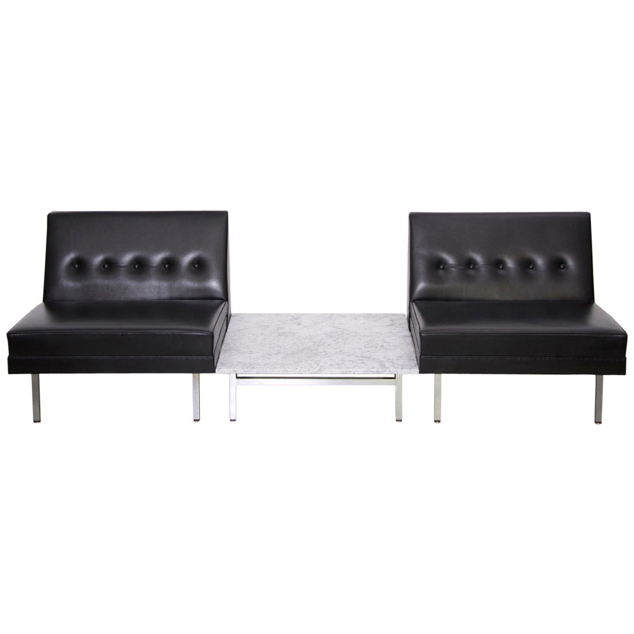 Pair of George Nelson Modular Seating in Black Leather and Marble Table For Sale
