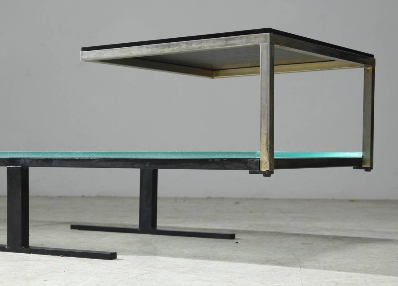 Brass Rare and Architectural Coffee Table with an Clear and Dark Pressed Glass Tops For Sale