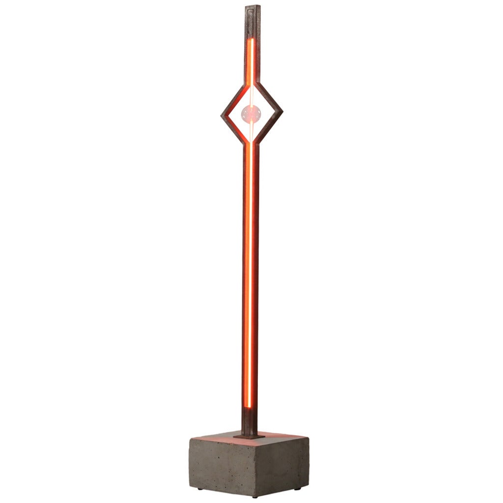 Pentagon Concrete and Steel Neon Floor Lamp by Gerd Arens, Germany, 1980s For Sale