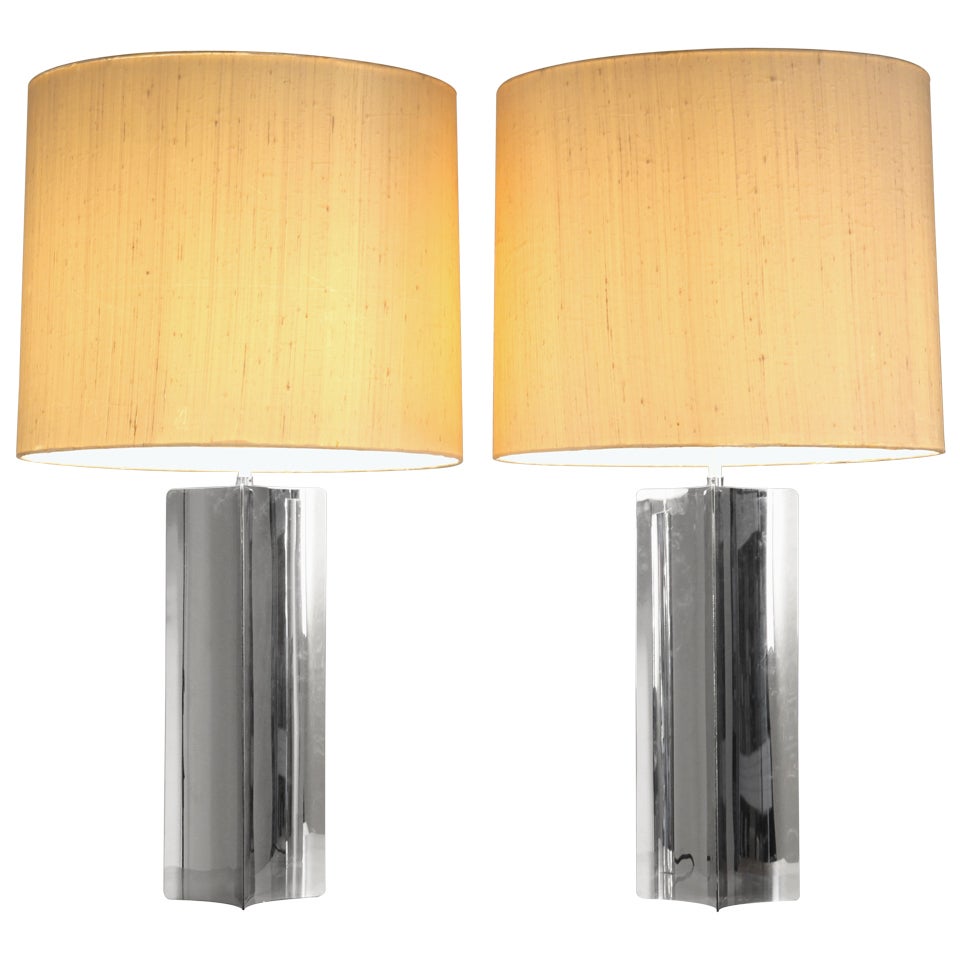 Pair XL 1960s table/console lamps with folded chrome base and fabric hood For Sale