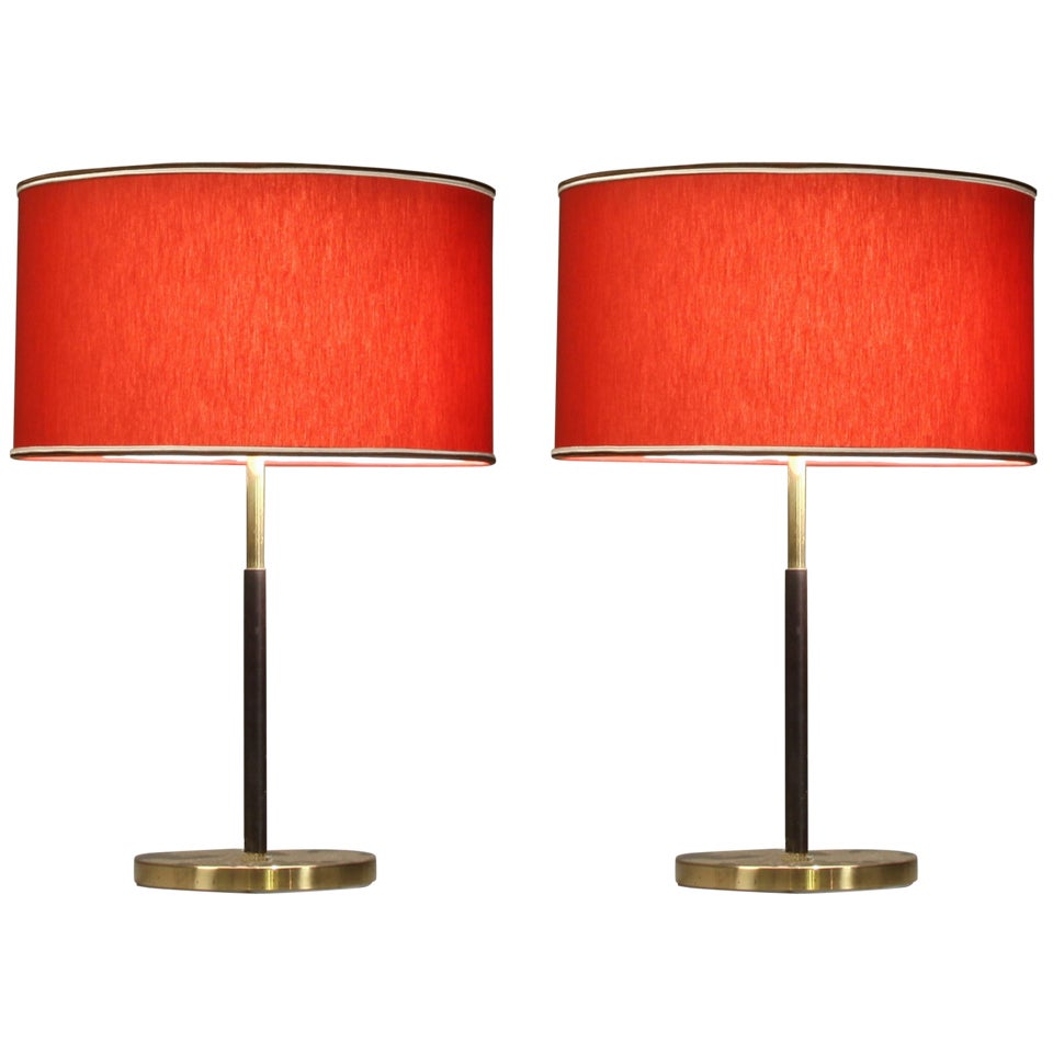 Pair 1950s Kalmar Table Lamps With Leather Covered Stem And Red Shade, Austria For Sale